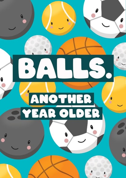 Cheeky Balls Birthday Card for him, football basketball golf tennis created by Bev O'Connor || @oconnordesign
