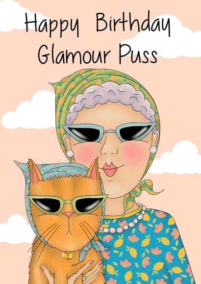 Funny glamorous birthday card for cat lovers created by Peach Nut Studio