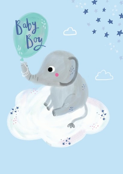 Cute New Baby Boy Illustrated Elephant Card - Baby Boy created by Laura Pantony