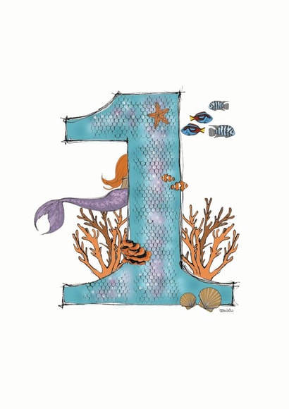 Happy 1st Birthday illustrated mermaid card created by Helen Leslie Illustrator