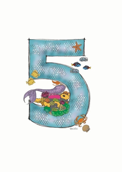 Happy 5th Birthday illustrated mermaid card created by Helen Leslie Illustrator