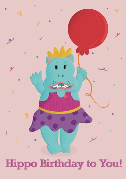 Party Hat Hippo with Balloon-Hippo Birthday to you!-Cute Colourful-Child-Baby created by Toulie Illustration