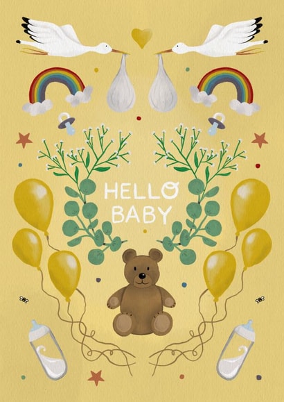 Hello baby teddy bear and balloons card created by Art by Reebee