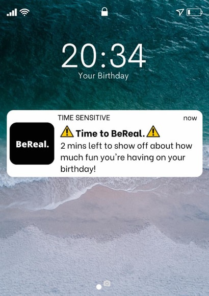 Phone Screen Birthday Card - BeReal Social Media notification created by Kiwi & Roff