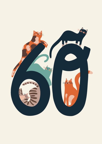 60th Birthday Cat Card  created by Christine Cuddihy Illustration