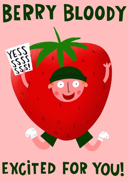 Funny Strawberry Fruit New Job Graduation Celebration Card created by Lucy Maggie Designs