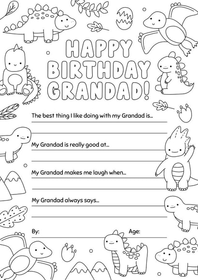 Birthday Colouring-in Dinosaur Card for Grandad 1002 created by Evie Garnett Designs