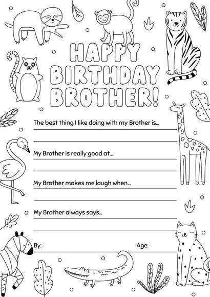 Birthday Colouring-in Animals Card for Brother 1002 created by Evie Garnett Designs