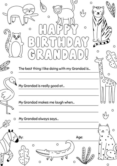 Birthday Colouring-in Animals Card for Grandad 1001 created by Evie Garnett Designs