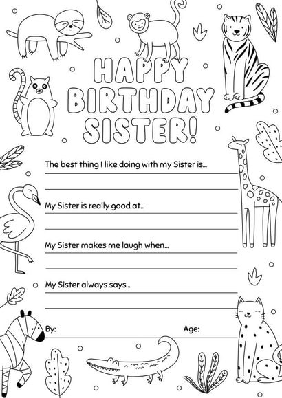 Birthday Colouring-in Animals Card for Sister 1001 created by Evie Garnett Designs