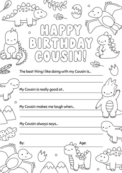 Birthday Colouring-in Dinosaur Card for Cousin 1001 created by Evie Garnett Designs