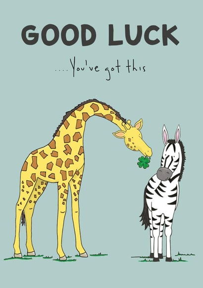 Cute Giraffe and Zebra saying Good luck with a lucky four leaf clover. created by Lucy Driver