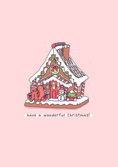 Kawaii cute gingerbread house Christmas card created by Rosalie Perl