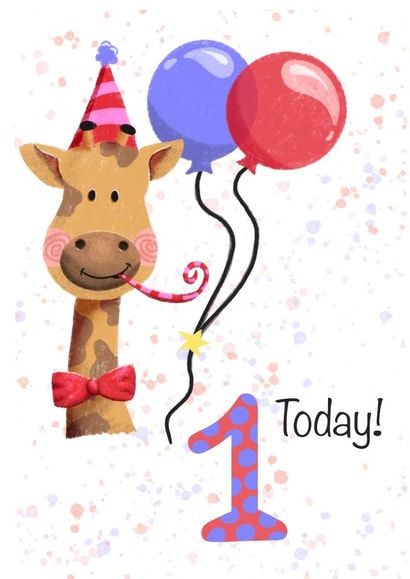 Birthday card, 1 year old, children, cute, child, baby, 1 today, giraffe, created by Things By Bam