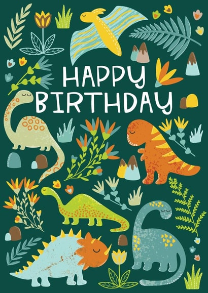 Bright dinosaur birthdy card created by Dolly and Fred