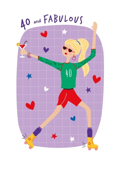 40th Birthday Card Age Forty - Roller-skate Cocktail Disco - 40 and Fabulous created by Little Stringers