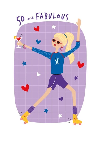50th Birthday Card Age Fifty - Roller-skate Cocktail Disco - 50 and Fabulous created by Little Stringers