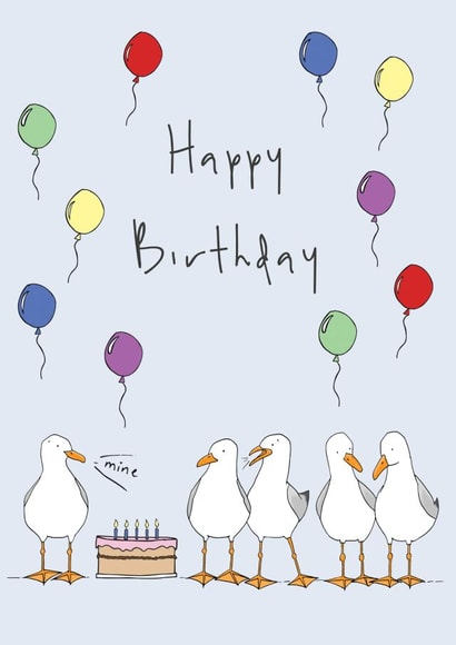 Happy Birthday card featuring cheeky seagulls arguing over the birthday cake. created by Lucy Driver