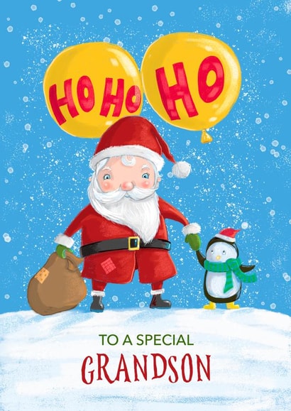 Cute Christmas Card for Grandson - Ho Ho Ho Santa Claus & Penguin created by Dale Simpson
