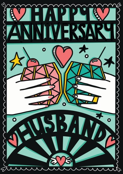 COOL ANNIVERSARY CARD FOR HUSBAND. PAPERCUT COOL STYLE PERFECT FOR HIM. created by NICHOLA COWDERY ILLUSTRATIONS