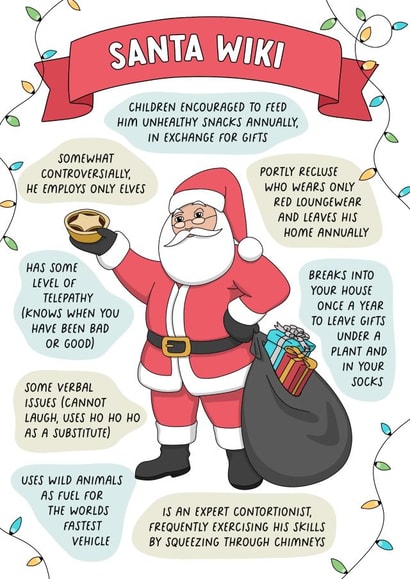Funny Santa Wiki Christmas card for adults created by Evie Garnett Designs