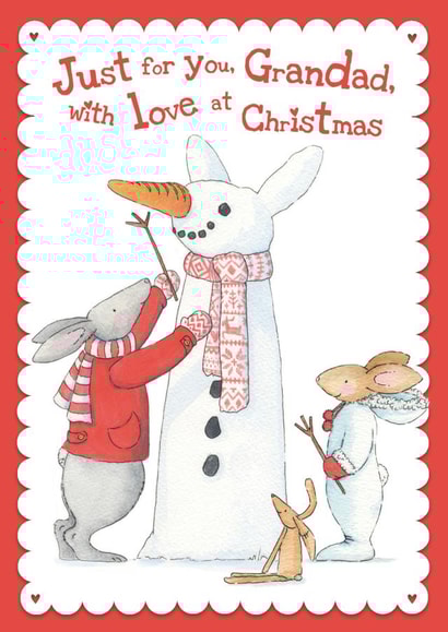 Cute Christmas Card for Grandad - Bunnies Making a Snowbunny - Just for you created by Helen Morgan Illustration