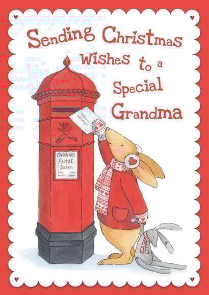 Cute Christmas Card For A Special Grandma Bunny Posting Card In An Old Post Box created by Helen Morgan Illustration