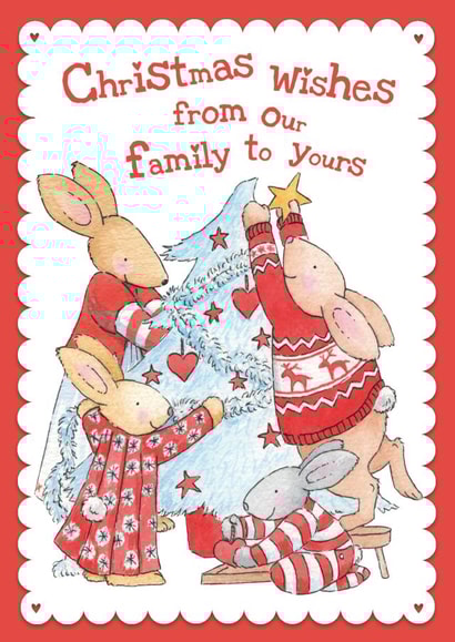 Cute Christmas Card For A Special Family - Bunny Family Decorating The Tree created by Helen Morgan Illustration