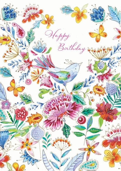 Pretty Floral Happy Birthday card with tropical watercolour design. created by REBECCA MCCULLOCH