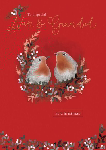 Traditional Christmas robins in foliage card for a special Nan and Grandad created by Sarah Hustwaite Illustration