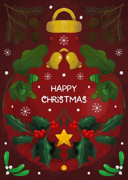 Festive red bauble Christmas card for friends and family - folk art - pretty created by Art by Reebee