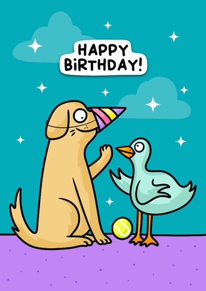 Cute dog and duck funny birthday card - jokes and laughs - perfect for all ages created by Wafflemamaart