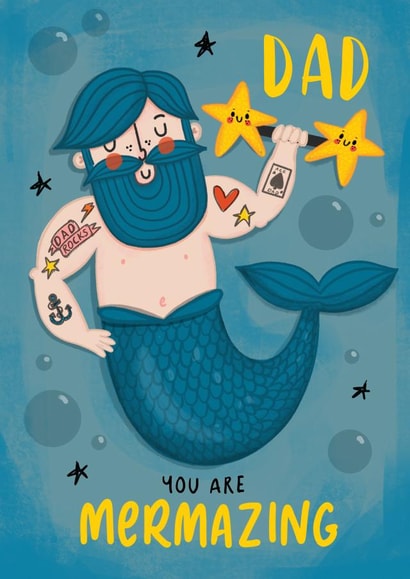 COOL MERMAN BIRTHDAY CARD- FATHER'S DAY CARD FOR DAD. created by NICHOLA COWDERY ILLUSTRATIONS 