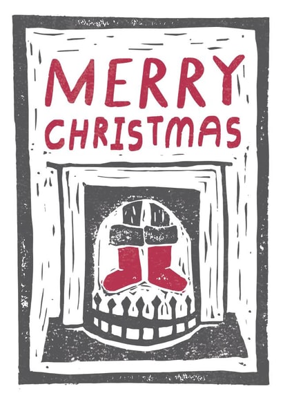 Santa stuck in the chimney funny linocut style Christmas card created by Kati Lacey Illustration