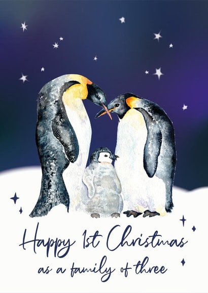 Watercolour Painted Penguins Christmas Card First Christmas As A Family of Three created by Betsy Benn