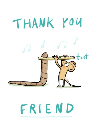 Cute Thank you friend card - worm playing flute with help from mouse created by Sarah Ray