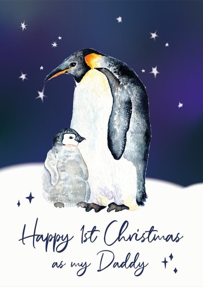 New Baby First Christmas As My Daddy Christmas Card - Penguin Dad and Chick created by Betsy Benn