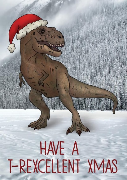 Funny T-Rex Christmas Card - T-Rex Santa - Have a T-Rexcellent Xmas created by Charlie - Cherry Pie Lane