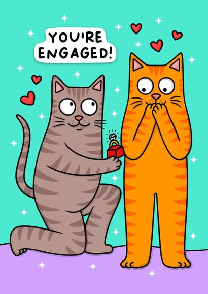Cute cartoon cat couple engagement card - for a newly engaged cat loving couple! created by Wafflemamaart