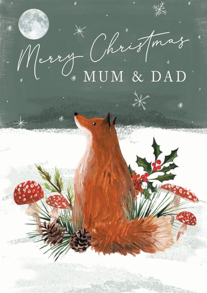 Merry Christmas Mum & Dad - Festive woodland fox in the snow with mushrooms card created by Making Meadows Ltd