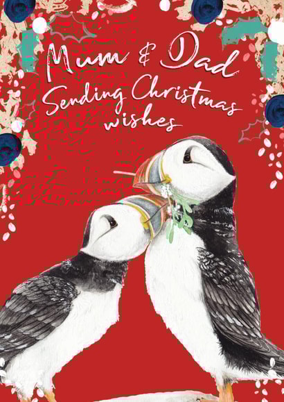 Beautiful Mum & Dad - Merry Christmas Puffins - Cute Watercolour Wildlife created by Miss Meaney's