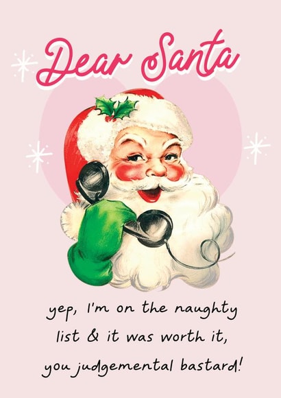 Funny and rude Christmas card- Santa is judgemental- on the naughty list created by Vanilla Frosting Studio