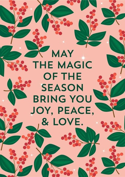 Pretty Holiday Card – Joy, Peace and Love Wishes – Holly Graphic created by TRICIA O