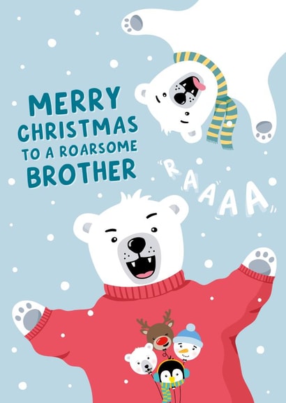 Cute Christmas Card For Brother - Polar Bears - Roarsome Brother created by Macie Dot Doodles