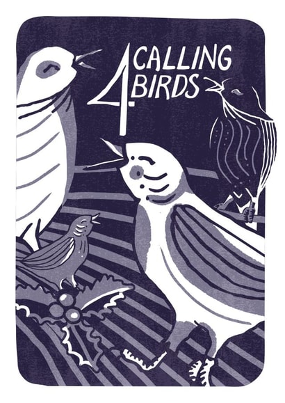 Four Calling Birds Christmas card from the 12 Days of Christmas Series created by Kati Lacey Illustration