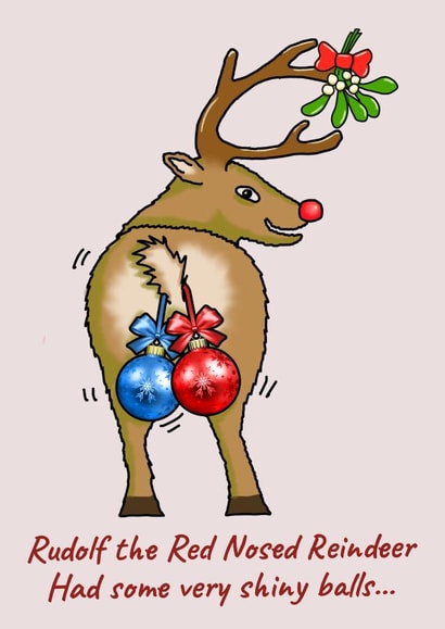 Funny cartoon Christmas card - Rudolf with naughty Xmas baubles and mistletoe created by Andrew S Leigh