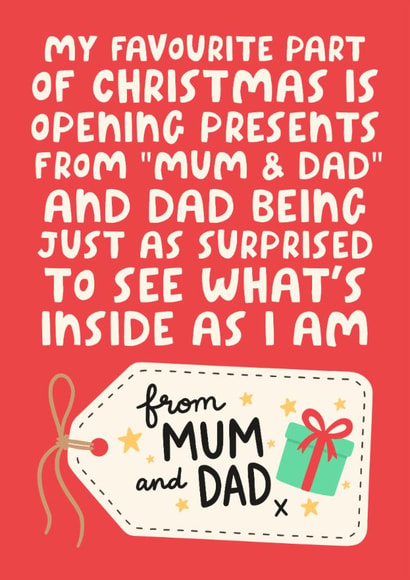 Christmas Day Presents From Mum and Dad - Funny Christmas Card For Parents created by Studio Doodles
