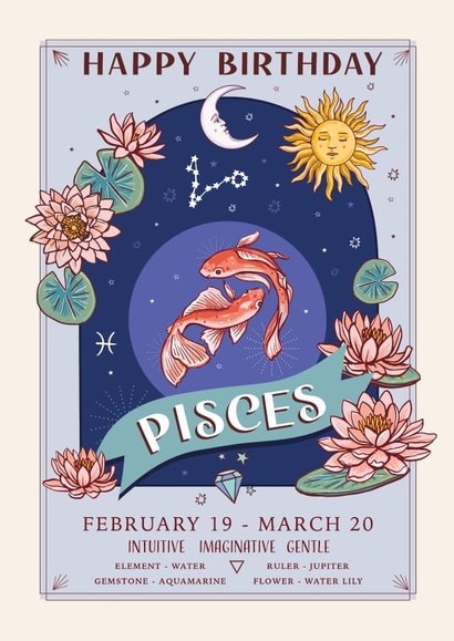 Pretty Birthday Card For Pisces - Zodiac Sign Flowers and Personality created by Angie Spurgeon
