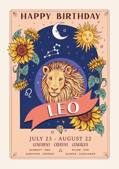 Pretty Birthday Card For Leo - Zodiac Sign Flowers and Personality created by Angie Spurgeon