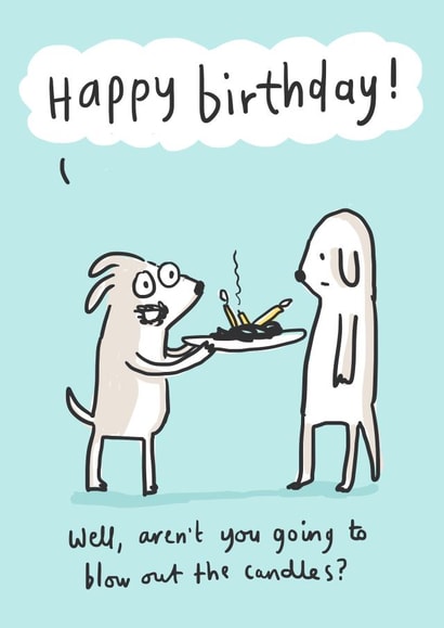 Funny and cute dog birthday card - naughty dog pretending nothing has happened created by Sarah Ray